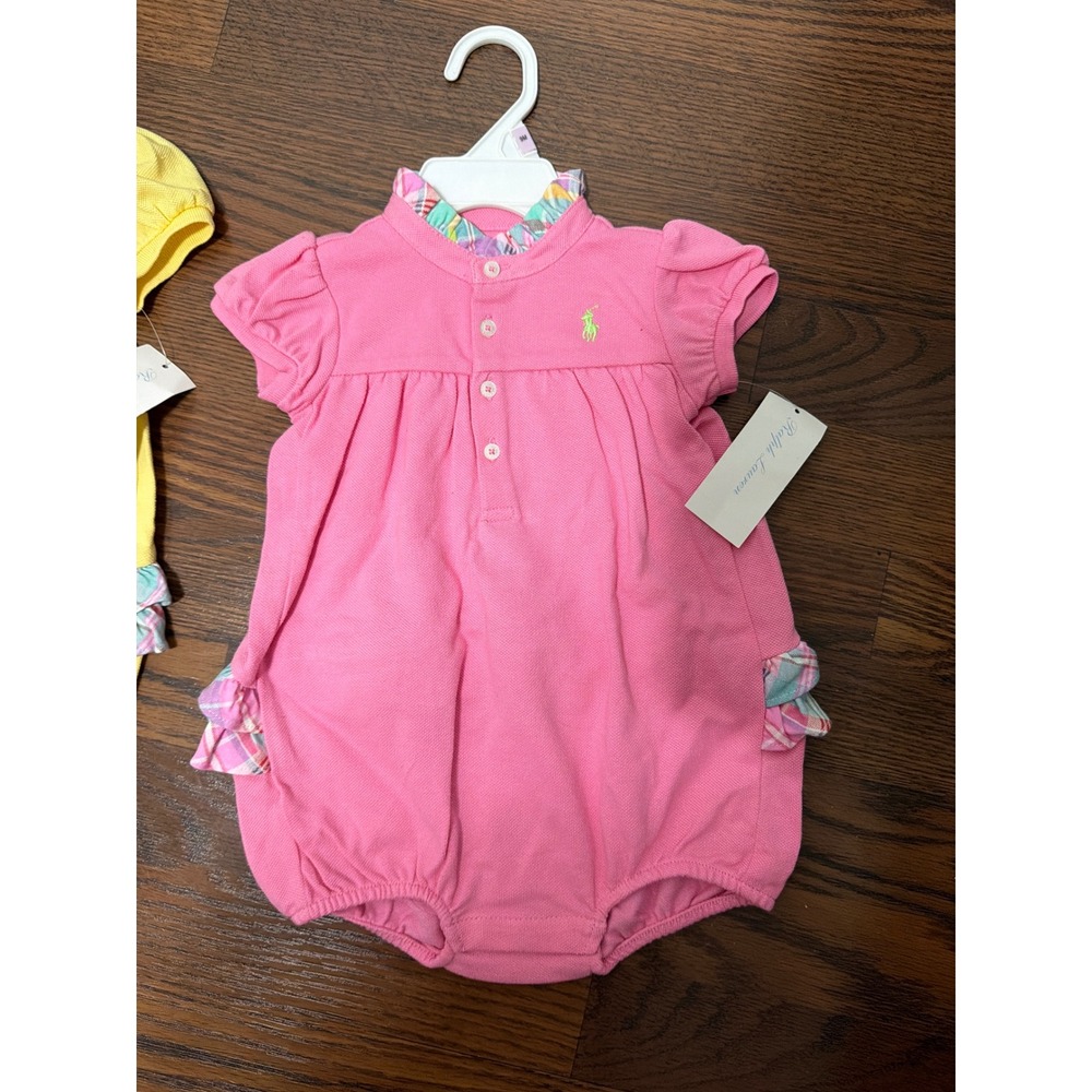 Ralph Lauren Baby Girls 2PK Polo Bubble Romper Yellow Pink Plaid Ruffle 9M NEW - Picture 3 of 9